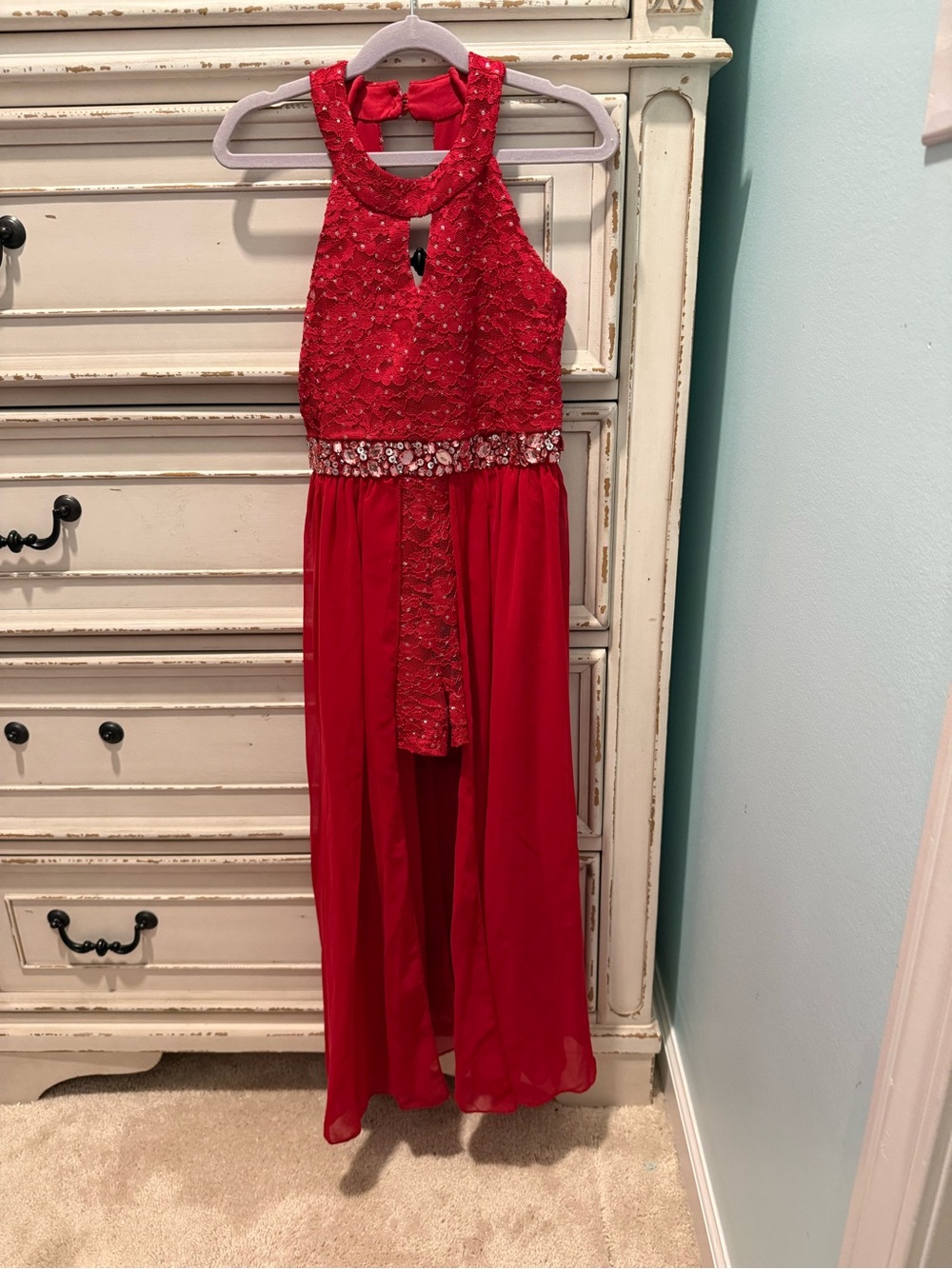 Xtraordinary Red Beaded Halter Gown with Jeweled Waist
